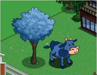 Cartoon blue cow standing beside a tree.