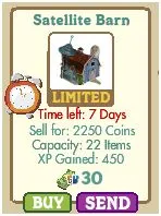 Satellite Barn with limited time offer and details on selling price, capacity, and XP gained.