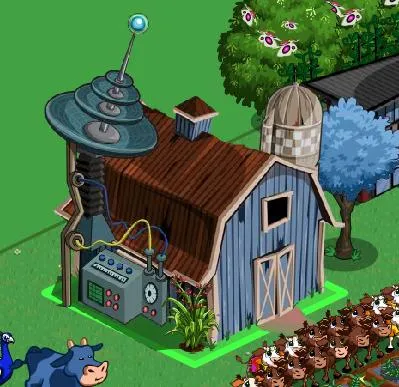 Futuristic barn with an antenna and surrounding farm elements.