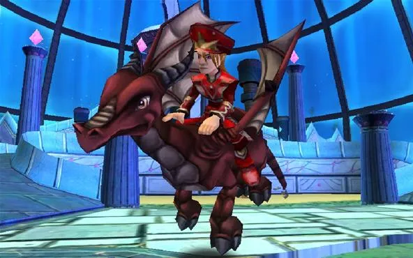 A character riding a red dragon in a fantasy setting.