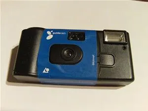 Point-and-shoot film camera with blue design.