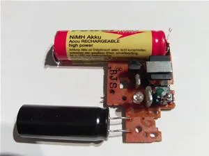 Rechargeable battery and circuit board components.