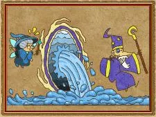 A whimsical illustration of a wizard and a fairy interacting with a magical portal surrounded by water.