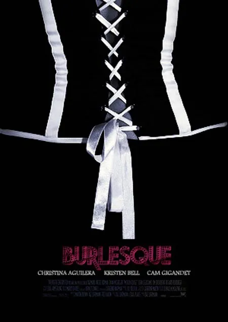 Burlesque movie poster featuring a corset with a white ribbon ties.