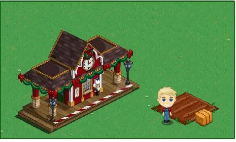 A cartoon character stands next to a colorful building resembling a festive shop in a green landscape.
