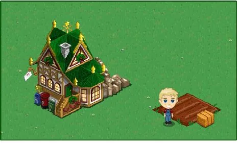 Cartoon-style house with a green roof and a character standing beside a plot of land.