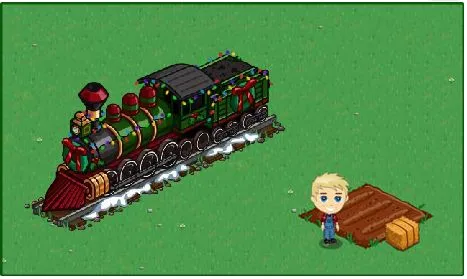 Colorful toy train with a cartoon character standing next to it on a green background.