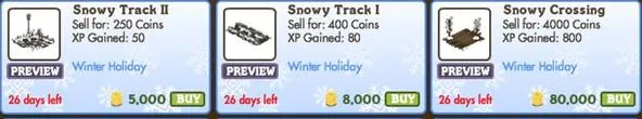 Snowy track and crossing items for sale, including Snowy Track 1, Snowy Track 3, and Snowy Crossing with prices listed.
