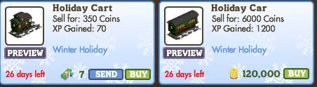 Holiday-themed game items: Holiday Cart and Holiday Car with pricing and XP details.