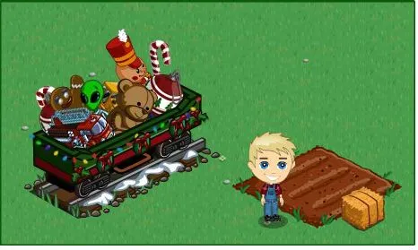 Child-friendly cartoon scene featuring a train filled with plush toys and candies alongside a character standing near a patch of dirt.