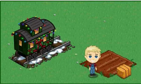A cartoon character standing beside a decorated train near a plot of tilled soil.