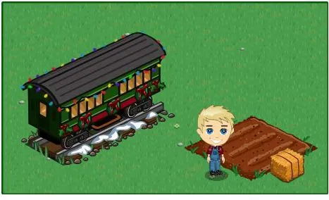 Cartoon character standing next to a train and a plot of land on a green background.