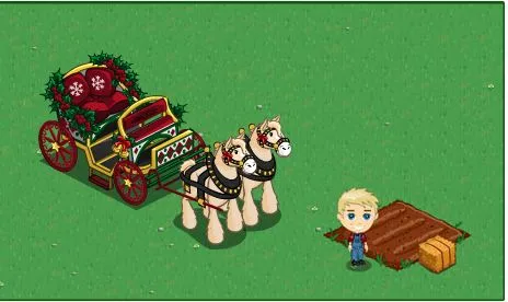 Character standing next to a horse-drawn carriage on green grass.