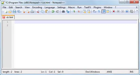 Code editor window displaying an empty HTML document.