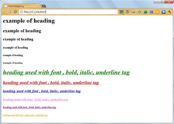 Example of a webpage displaying various heading formats and font styles.