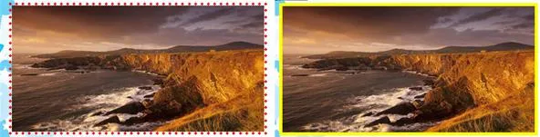 Coastal landscape at sunset with cliffs and ocean waves.