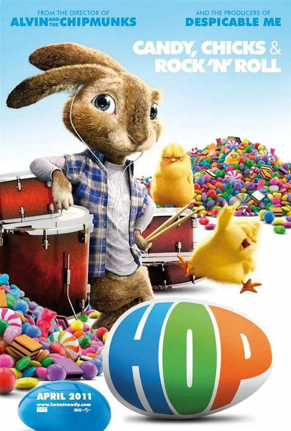 Hop movie promotional poster featuring a bunny and colorful candy.