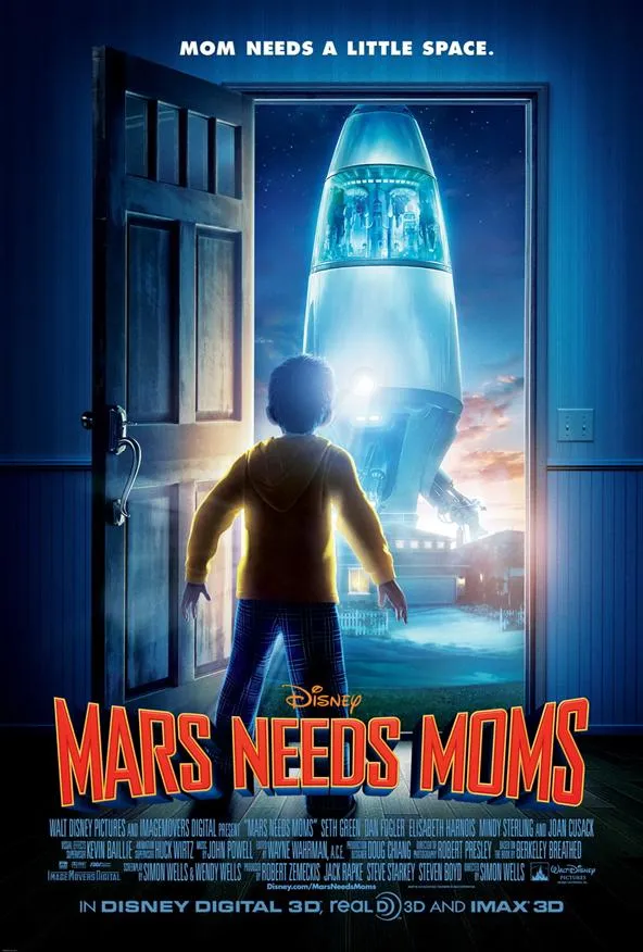 Mars Needs Moms movie poster featuring a child looking at a rocket ship.