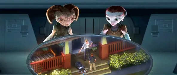 Two animated characters observing a scene through a circular window.