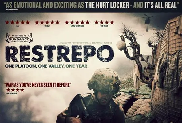 Restrepo film poster featuring a soldier in a war-torn landscape.