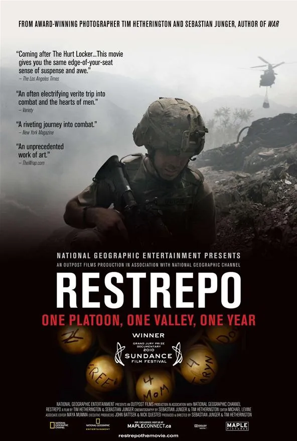 Restrepo movie poster featuring soldiers in a combat zone.