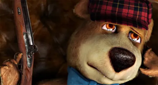 Animated bear character wearing a plaid hat, holding a rifle.
