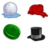 Icons representing a snowball, a red sled, a green button, and a black top hat.