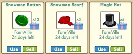 Snowman accessories including a button, scarf, and magic hat from a game.