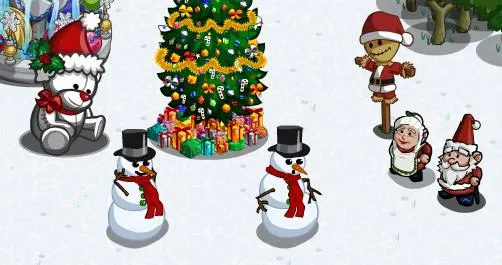 Festive scene featuring snowmen, a Christmas tree with gifts, and holiday decorations.