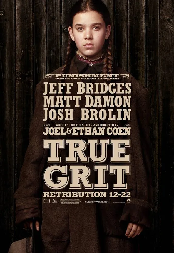 True Grit movie poster featuring a young girl and prominent actors' names.