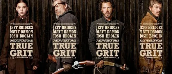Movie poster for "True Grit" featuring actors Jeff Bridges, Matt Damon, and Josh Brolin.