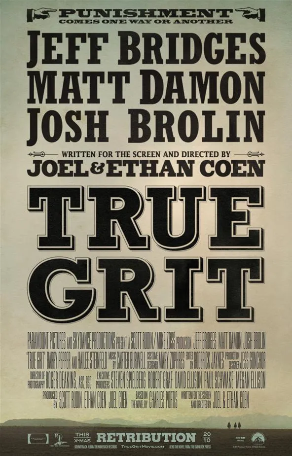 True Grit movie poster featuring Jeff Bridges, Matt Damon, and Josh Brolin.