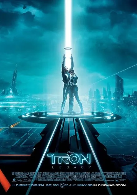 Tron movie poster featuring a futuristic character holding a glowing weapon against a neon-lit backdrop.