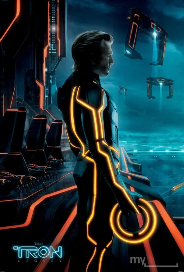 Tron-themed digital artwork featuring a futuristic character with glowing accents.
