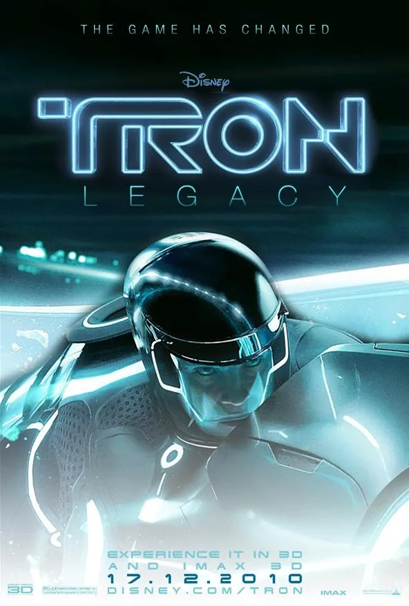 Tron Legacy movie poster featuring a futuristic character with glowing elements.