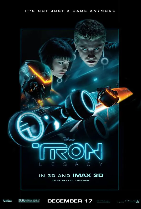 Tron: Legacy movie poster featuring characters in a digital setting with futuristic elements.