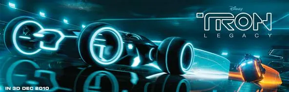 Tron Legacy neon light cycle in a digital landscape.