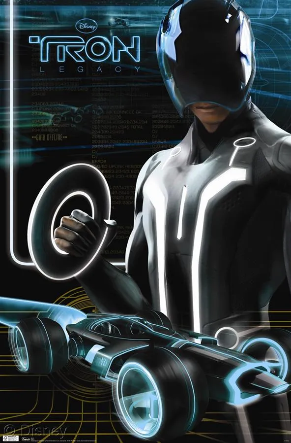 Tron character holding a light disc with futuristic vehicle in the background.