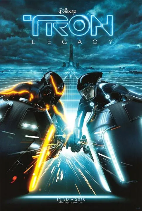 Tron: Legacy movie poster featuring light cycle riders in a futuristic digital landscape.