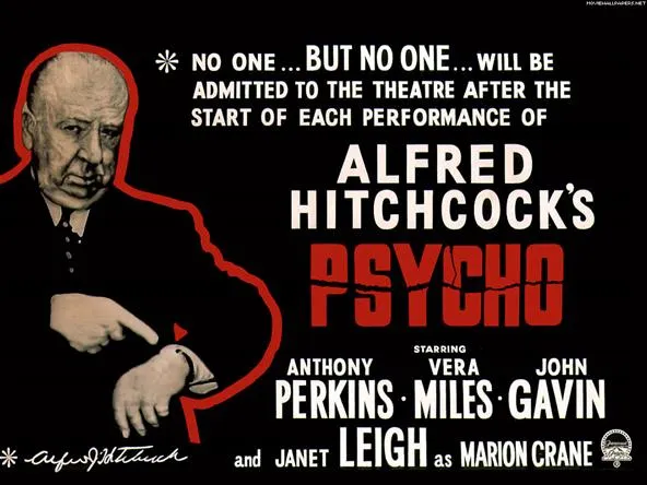 Alfred Hitchcock's Psycho promotional poster with cast details.