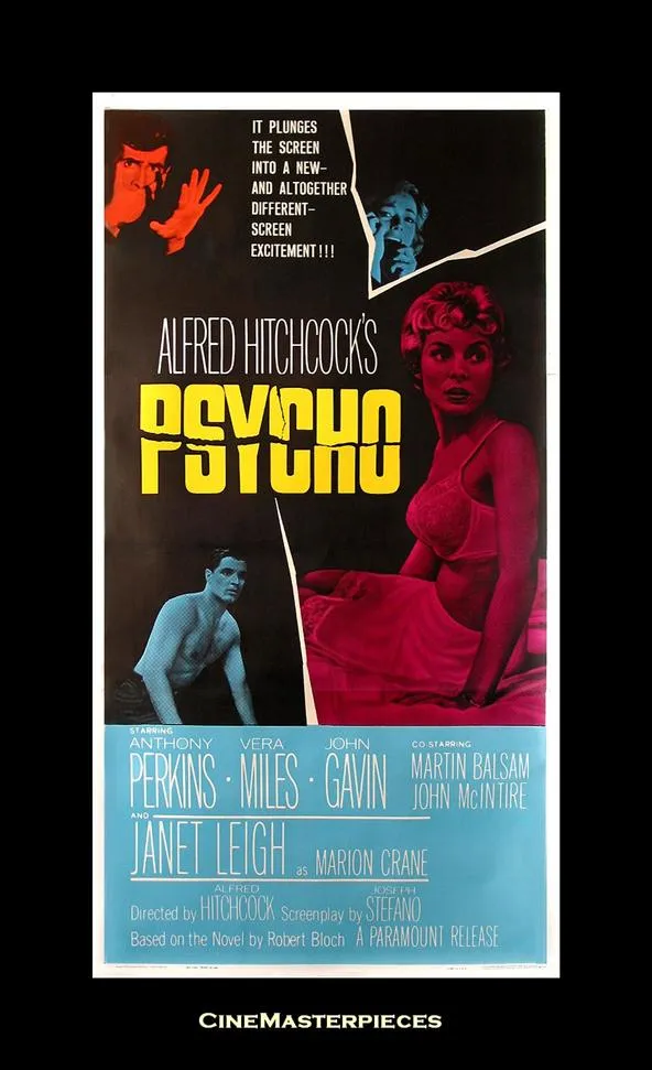 Psycho movie poster featuring a woman and a man in a dramatic, vintage design.