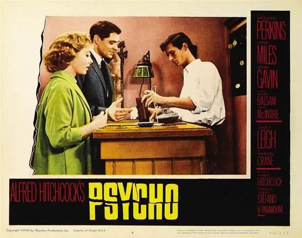 A scene from Alfred Hitchcock's film "Psycho" featuring a man and a woman interacting at a reception desk, with a male character observing.