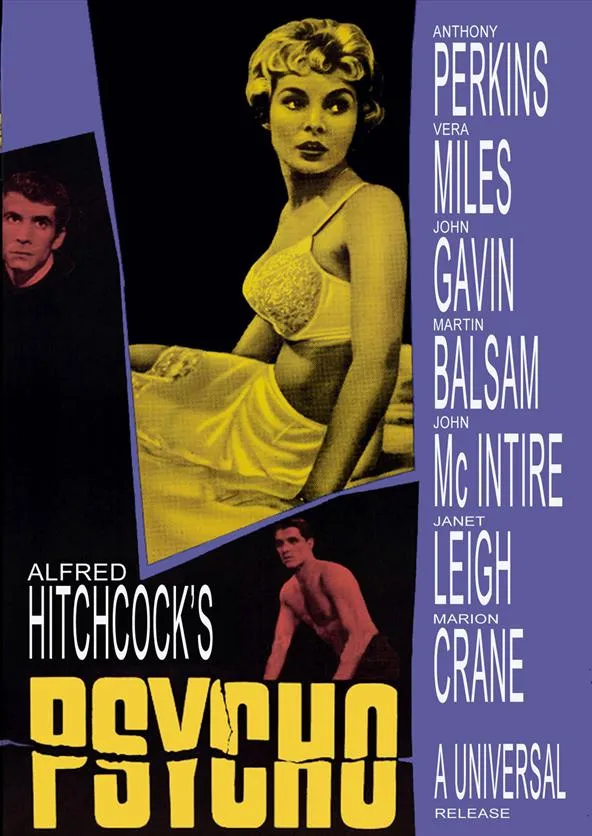 Psycho movie poster featuring a blonde woman and dramatic typography.
