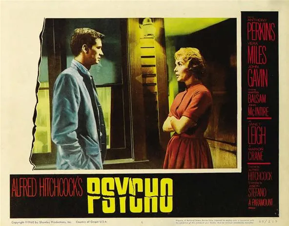 Alfred Hitchcock's Psycho movie poster featuring two characters in conversation.