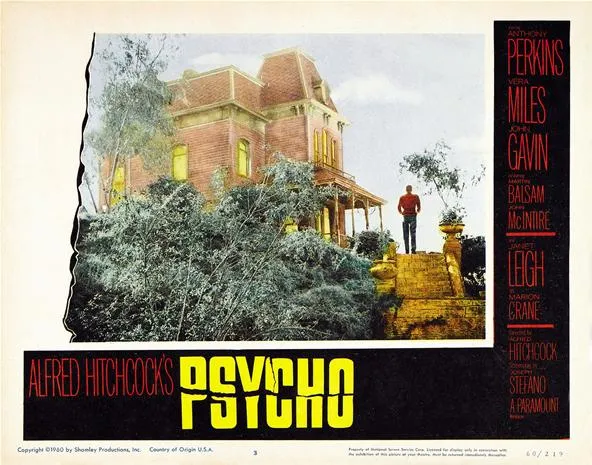 Psycho movie poster featuring a house and a figure standing outside.