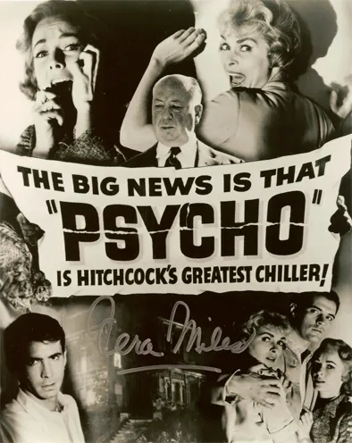 Theatrical poster for Alfred Hitchcock's film "Psycho" with promotional text.