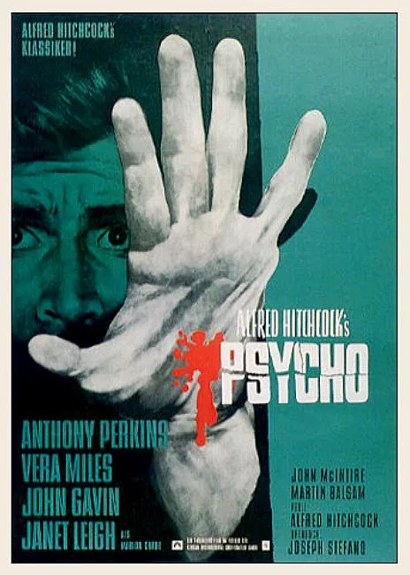 Classic movie poster for "Psycho" featuring a close-up of a man's face and hand.