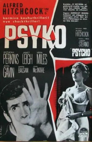 Alfred Hitchcock's Psycho movie poster featuring a dramatic black and white design.