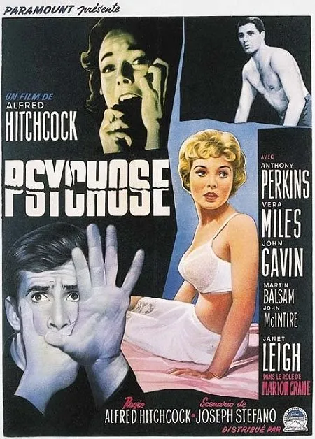 Psycho movie poster featuring iconic characters and suspenseful imagery.
