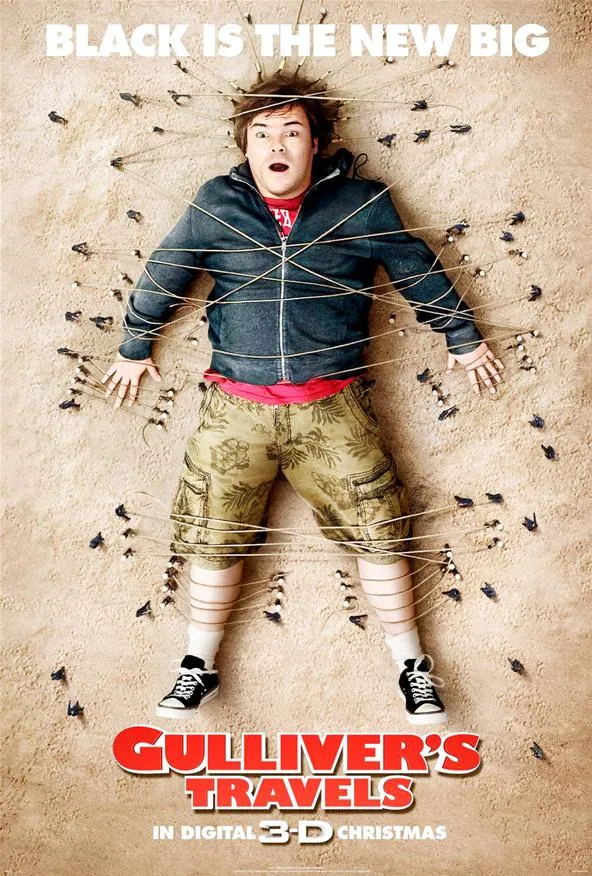 Gulliver's Travels movie poster featuring a man surrounded by ants with the tagline "Black is the New Big."